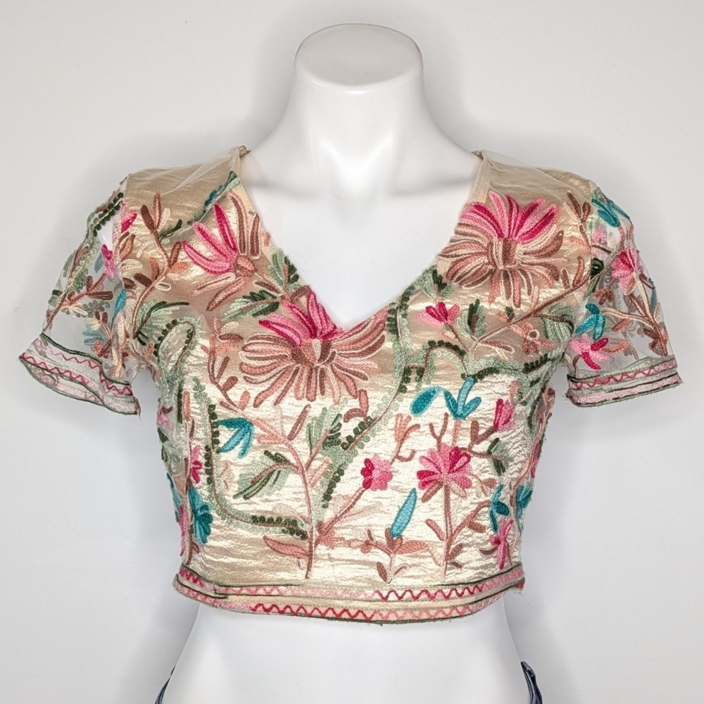 L'Atiste Cream Pink Blue Embroidered Floral Sheer Back Crop Top M